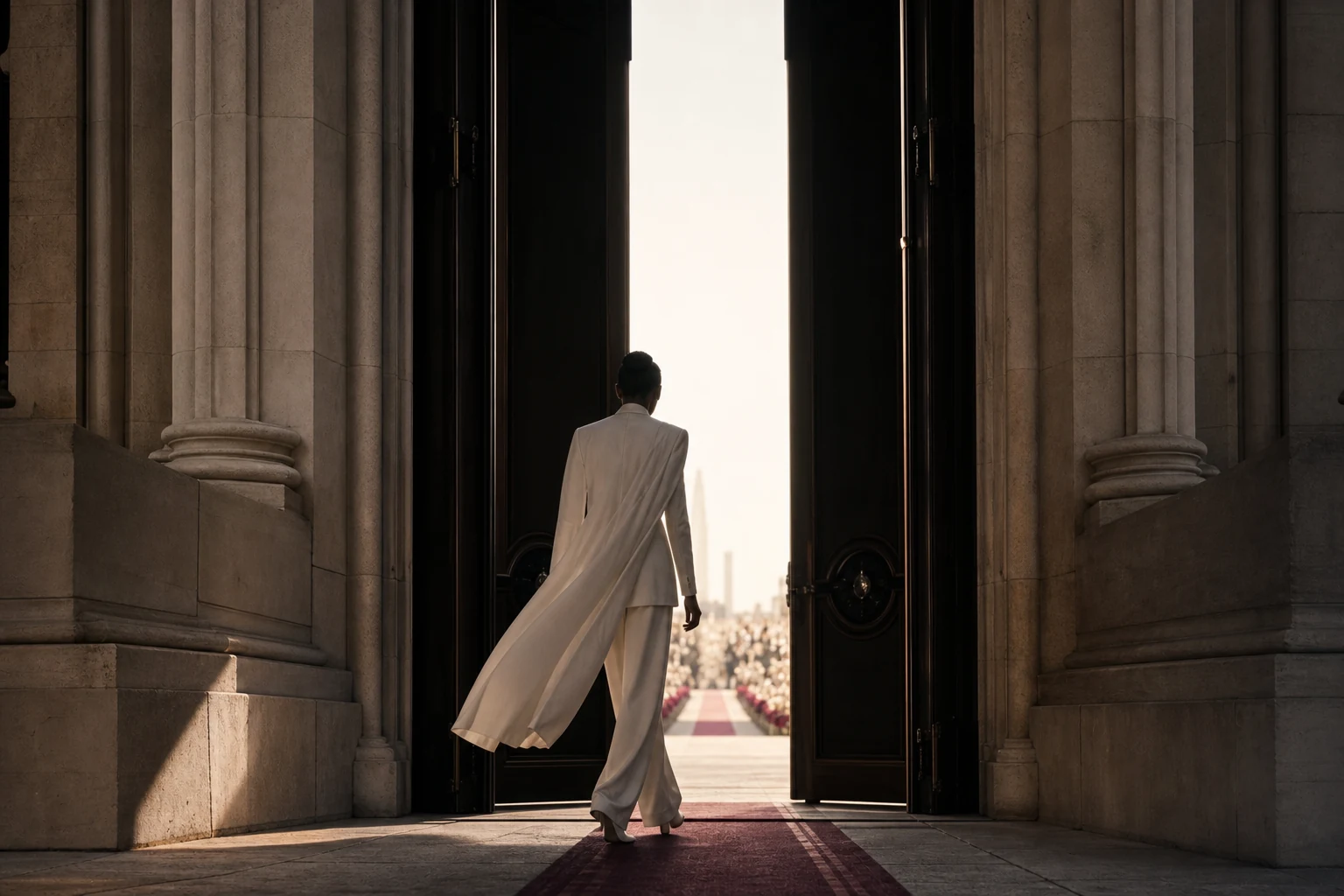 Couture doorway silhouette for a wedding partner entrance in pearl, burgundy, and black