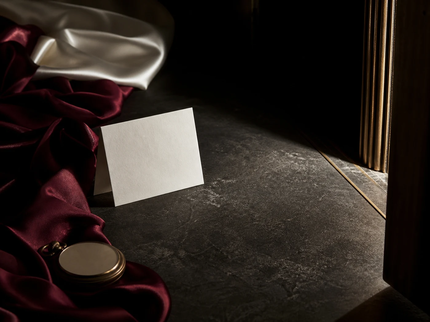 Wedding fabric, a folded personal note, and architectural cue lines arranged as a still life