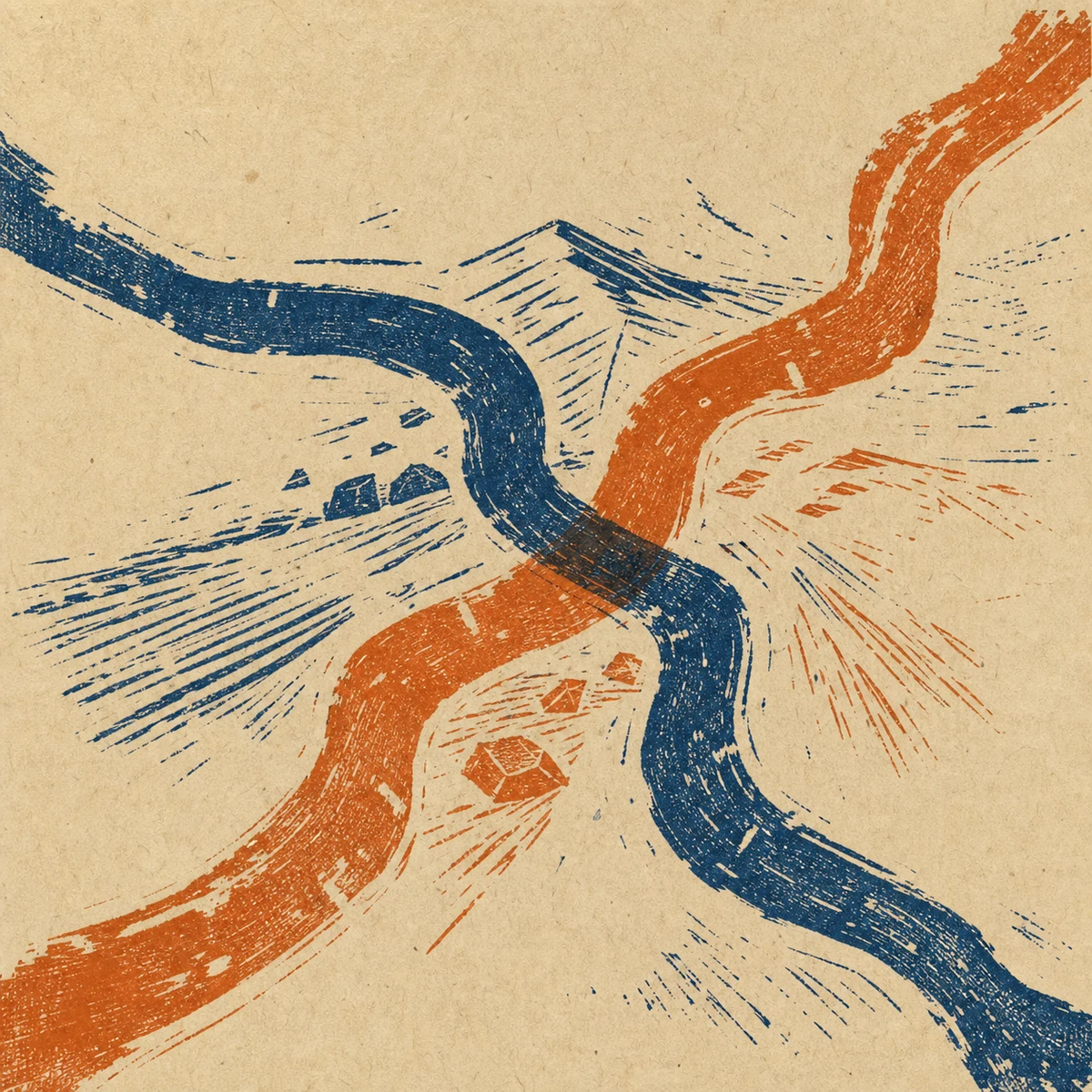 Rough linocut of two paths crossing and separating without text