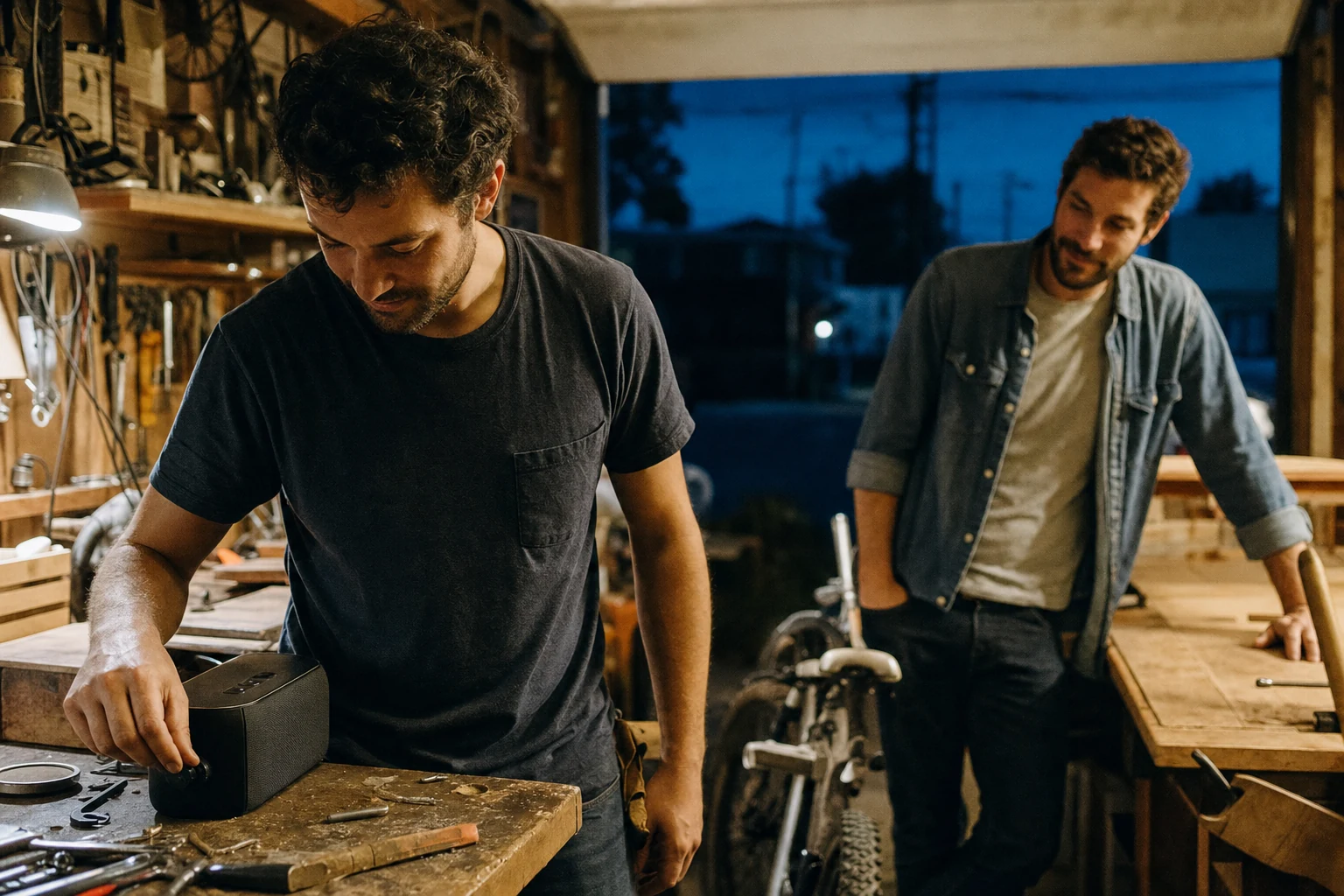 Brothers listening to a personal song through a garage speaker