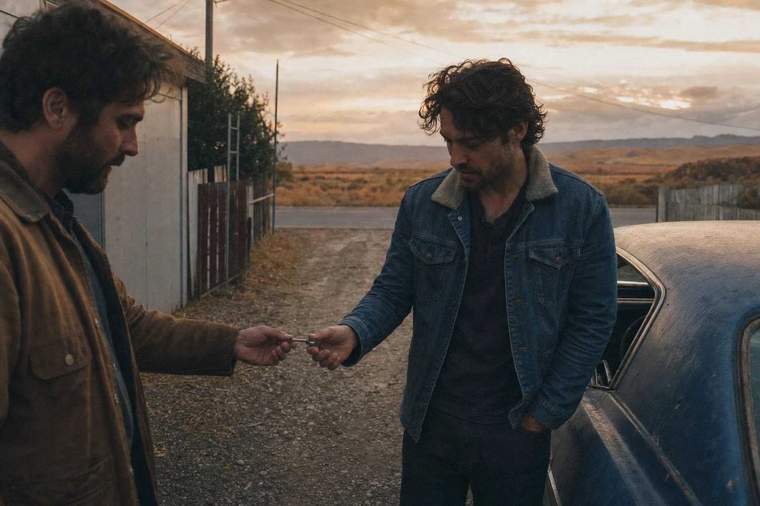 Grainy road and backyard film scene of brothers in iron blue and burnt orange
