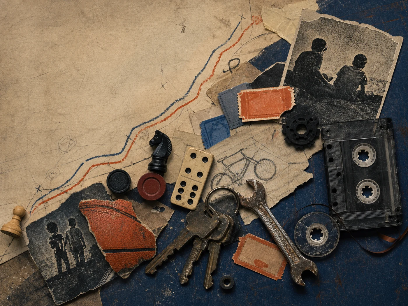 Collage of game pieces, sports objects, old keys, tools, and shared sibling evidence