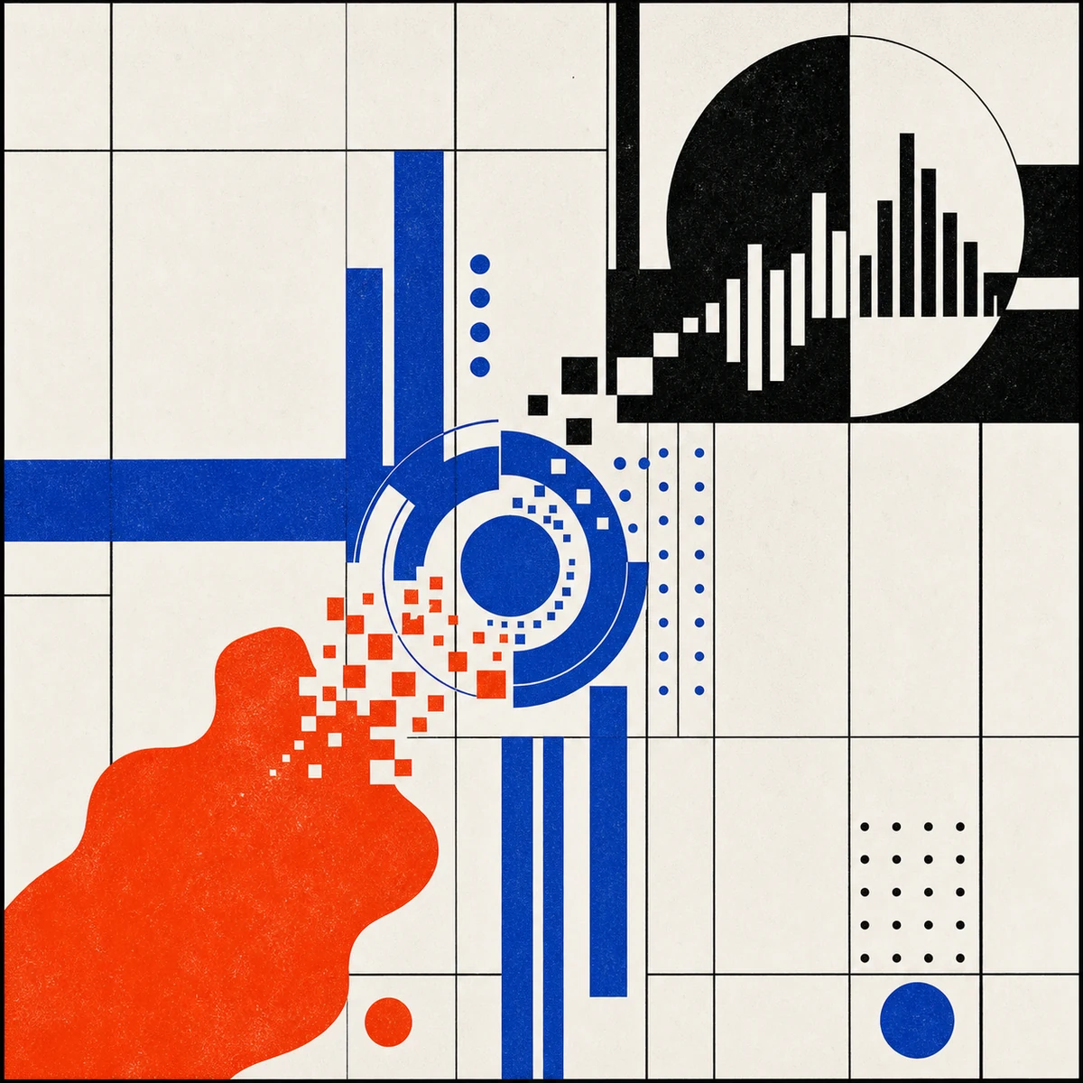 Wordless Swiss-modern geometric print in cobalt, orange red, black, and industrial white
