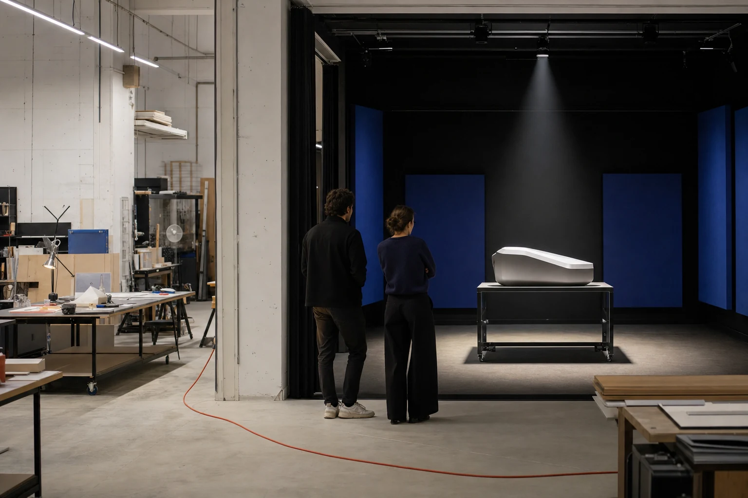 Industrial-design editorial scene of founders preparing a prototype in cobalt, orange red, black, and white