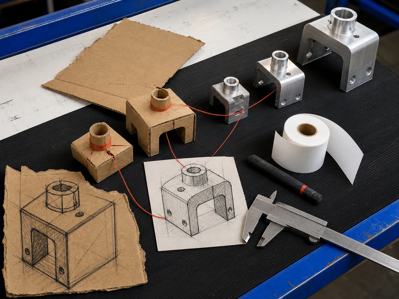 Assemblage of prototypes, blank invoices, sketches, material samples, and first-order evidence without readable text