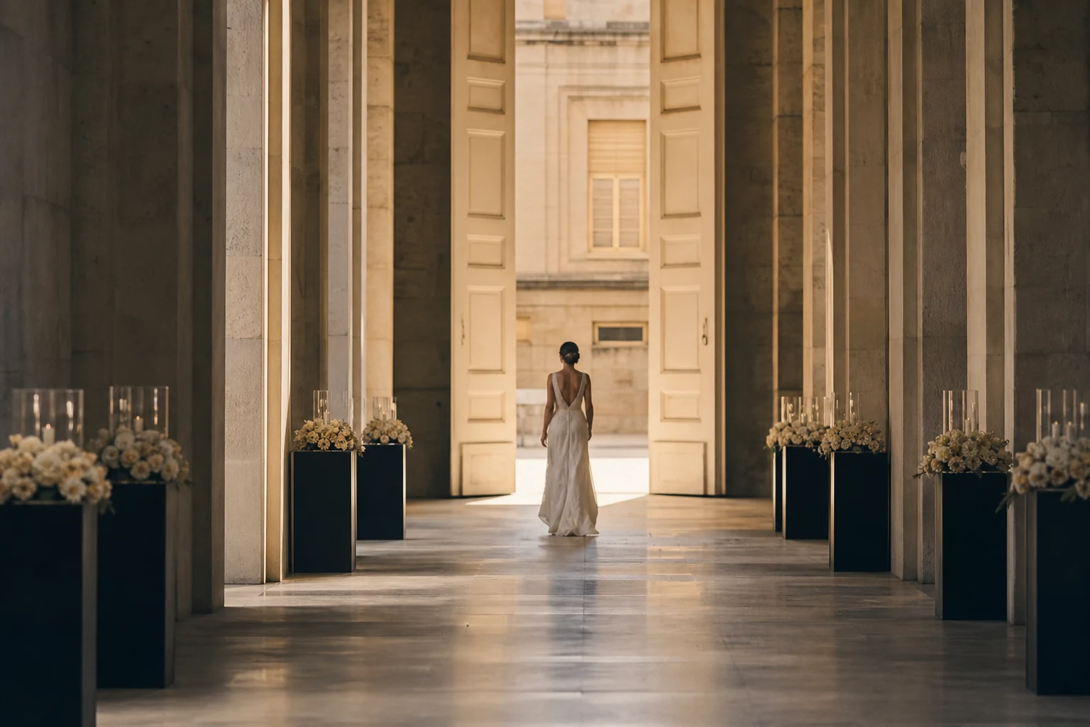 Architectural wedding corridor in ivory, graphite, and pale gold