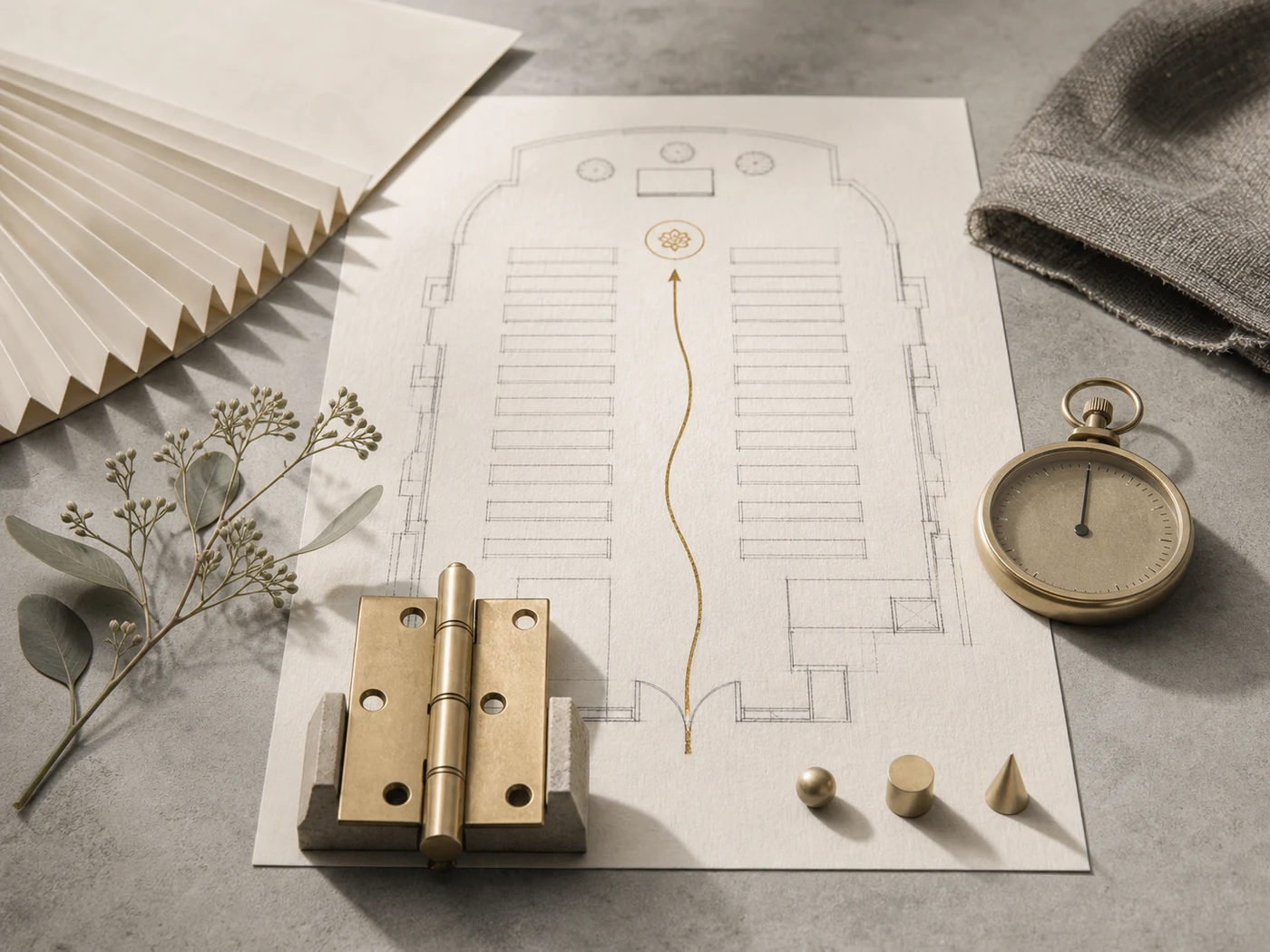 Floor plan, stopwatch, floral material, and cue objects for a ceremony procession