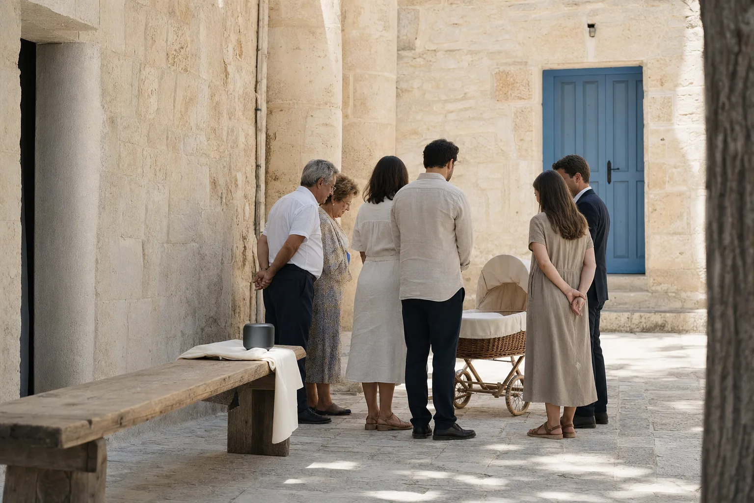 Quiet family gathering in a sunlit courtyard after a naming ceremony