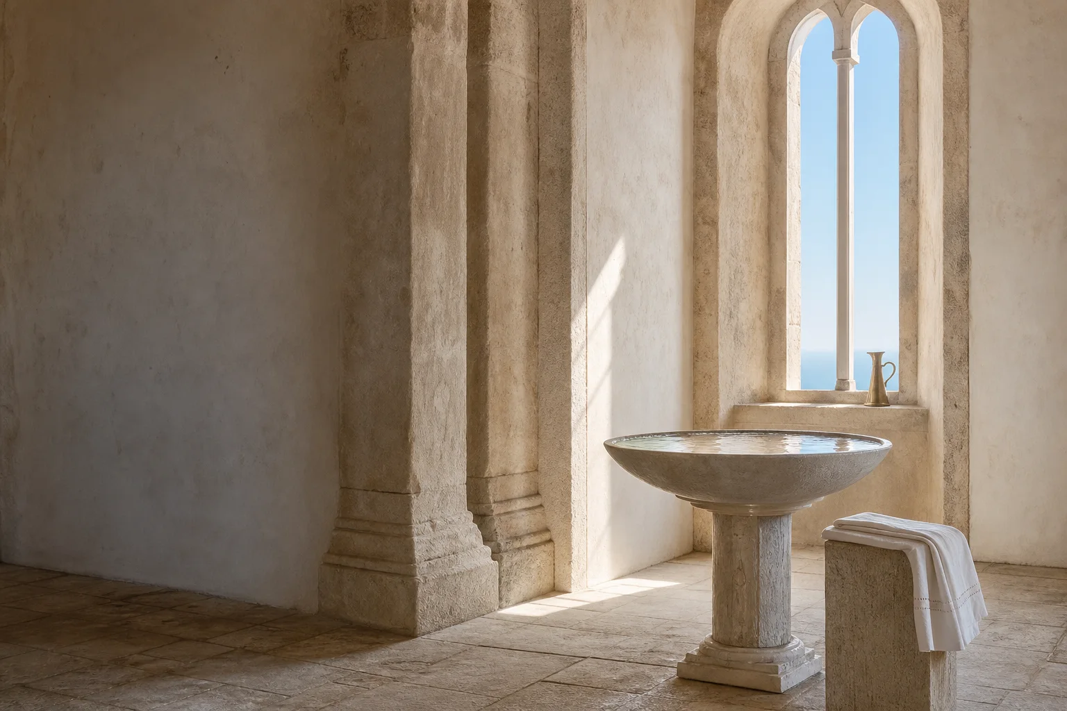 Naturally lit ceremonial architecture in ivory, pale gold, and clear blue