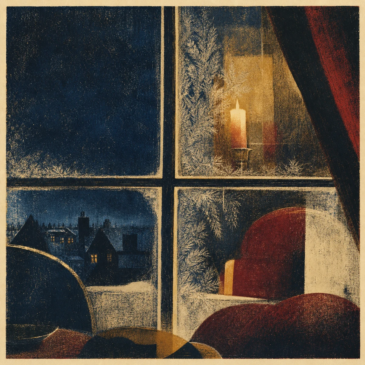 Multicolor lithograph of a glowing winter window without text