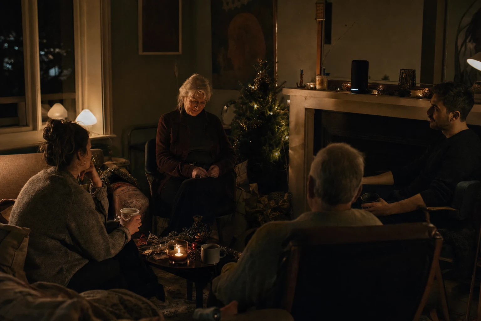 Family listening together in a dim Christmas living room