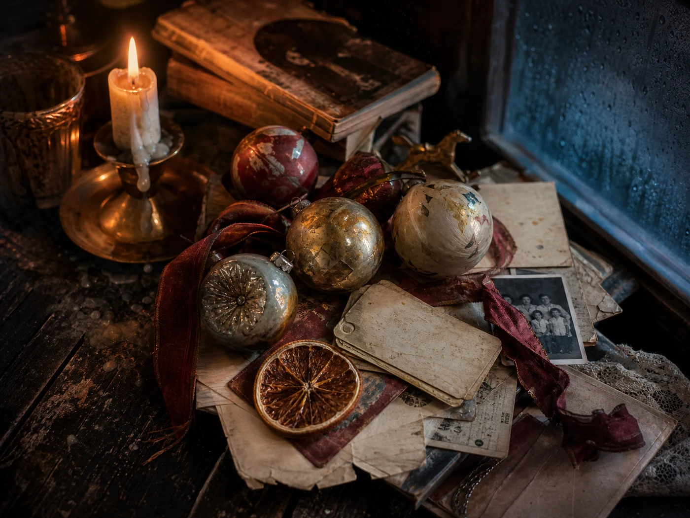 Heirloom still life of old ornaments, recipe cards, train tickets, and candle wax