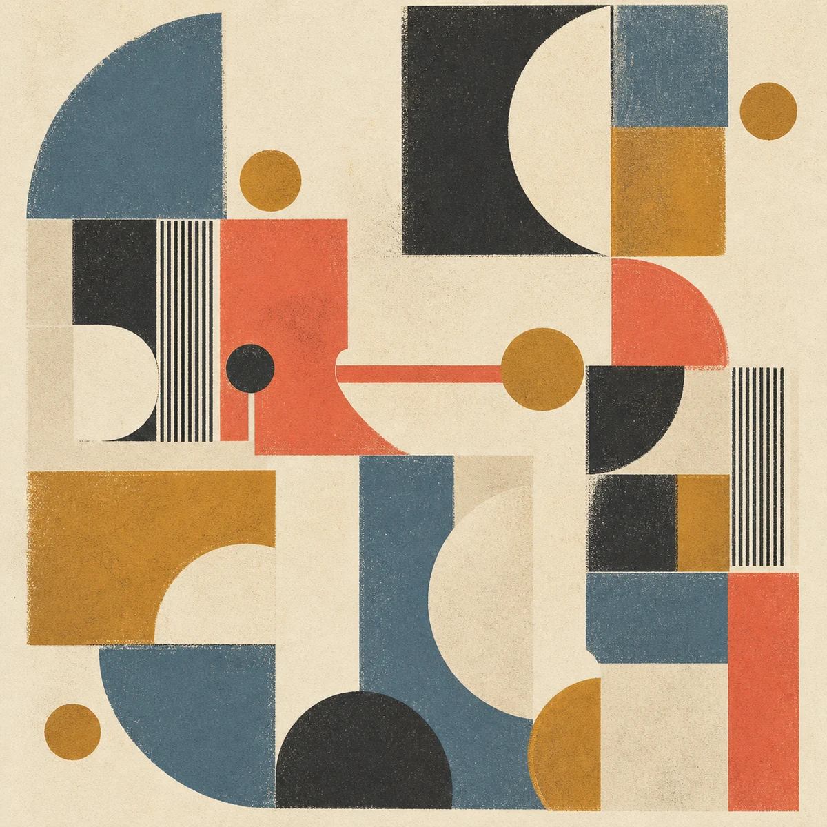 Wordless modular geometric print suggesting a team in motion