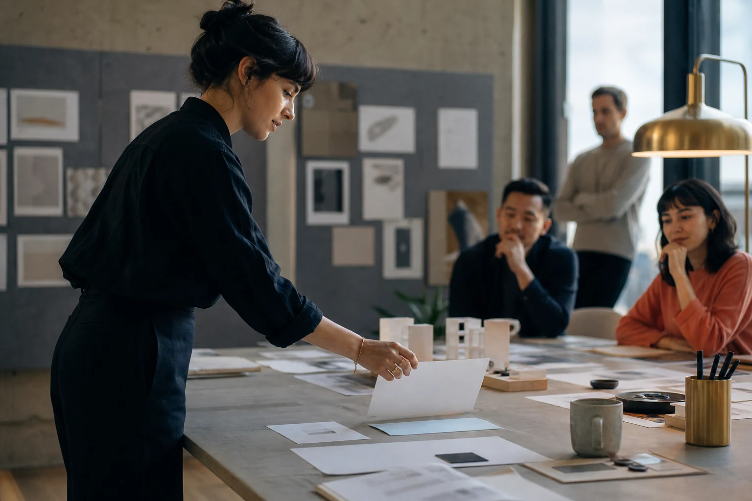 Modern office documentary scene in blue gray, coral, and brass light