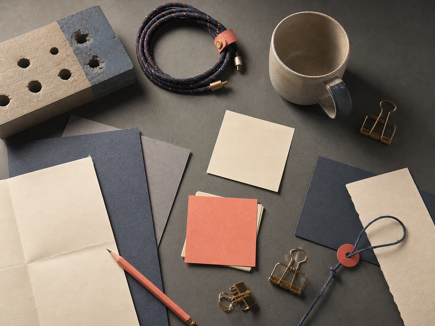 Still life of project notes, coffee mugs, prototypes, and workplace objects