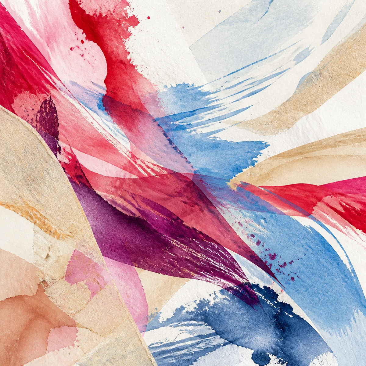 Watercolor and paper-fiber forms moving beyond the edge of a square