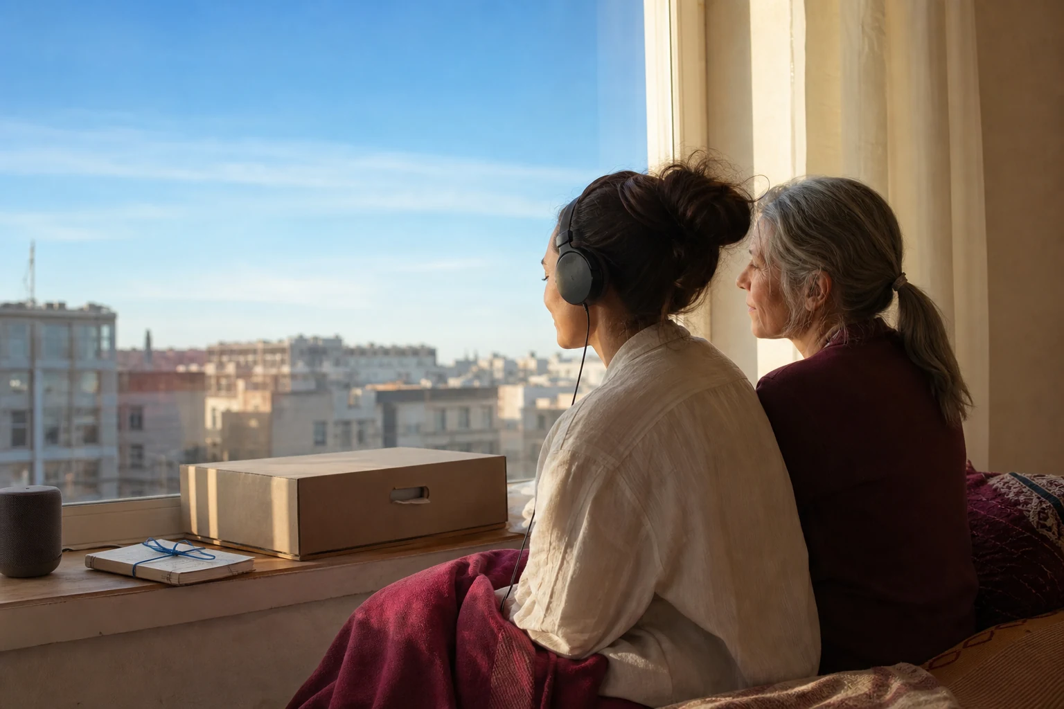 Parent and daughter sharing a quiet listening moment beside a window
