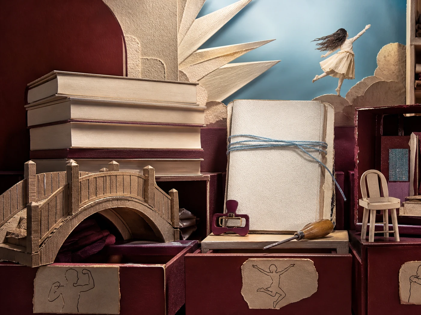 Archive of books, hair objects, notebooks, and self-chosen projects from different ages