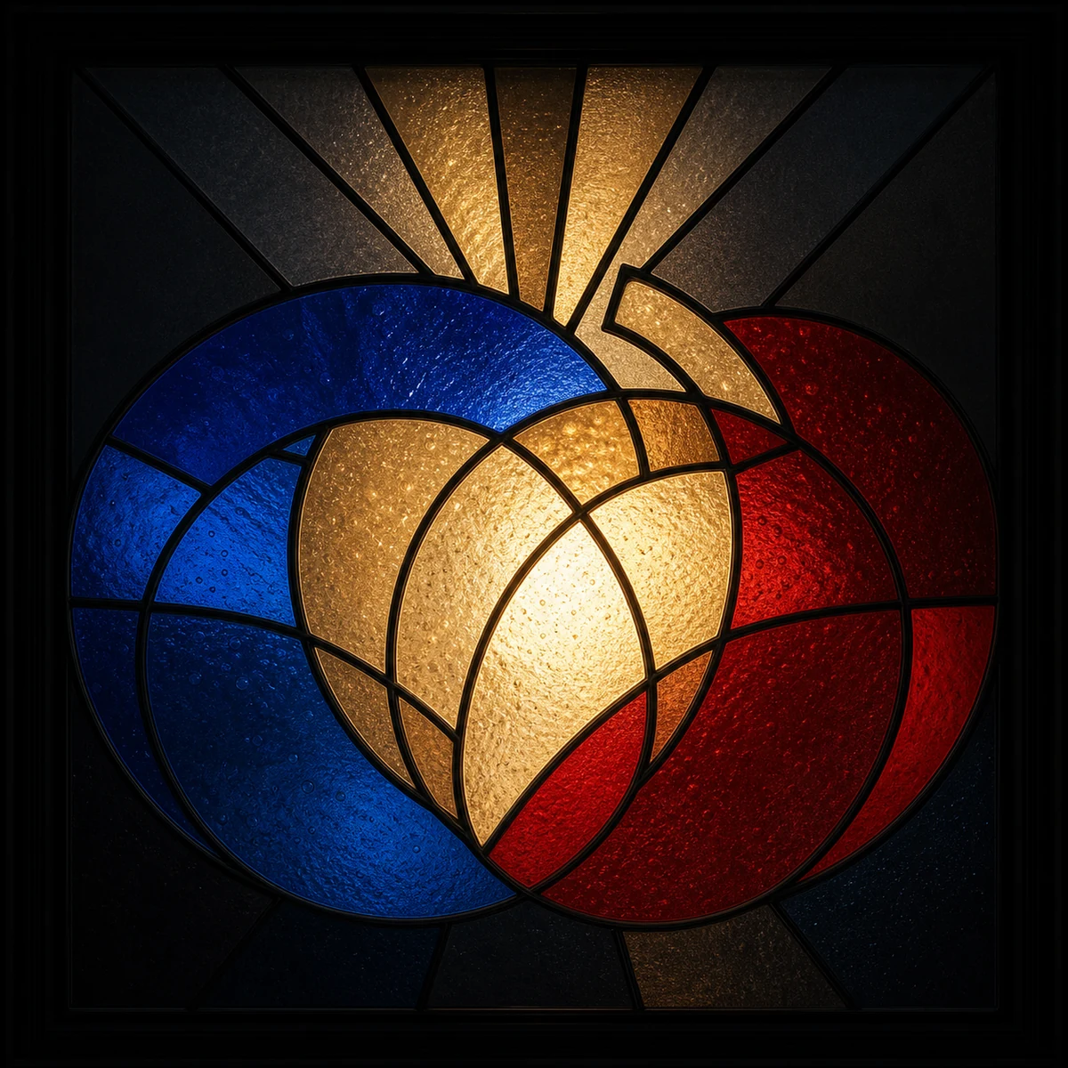 Abstract stained-glass artwork of interlocking circles in saturated colors