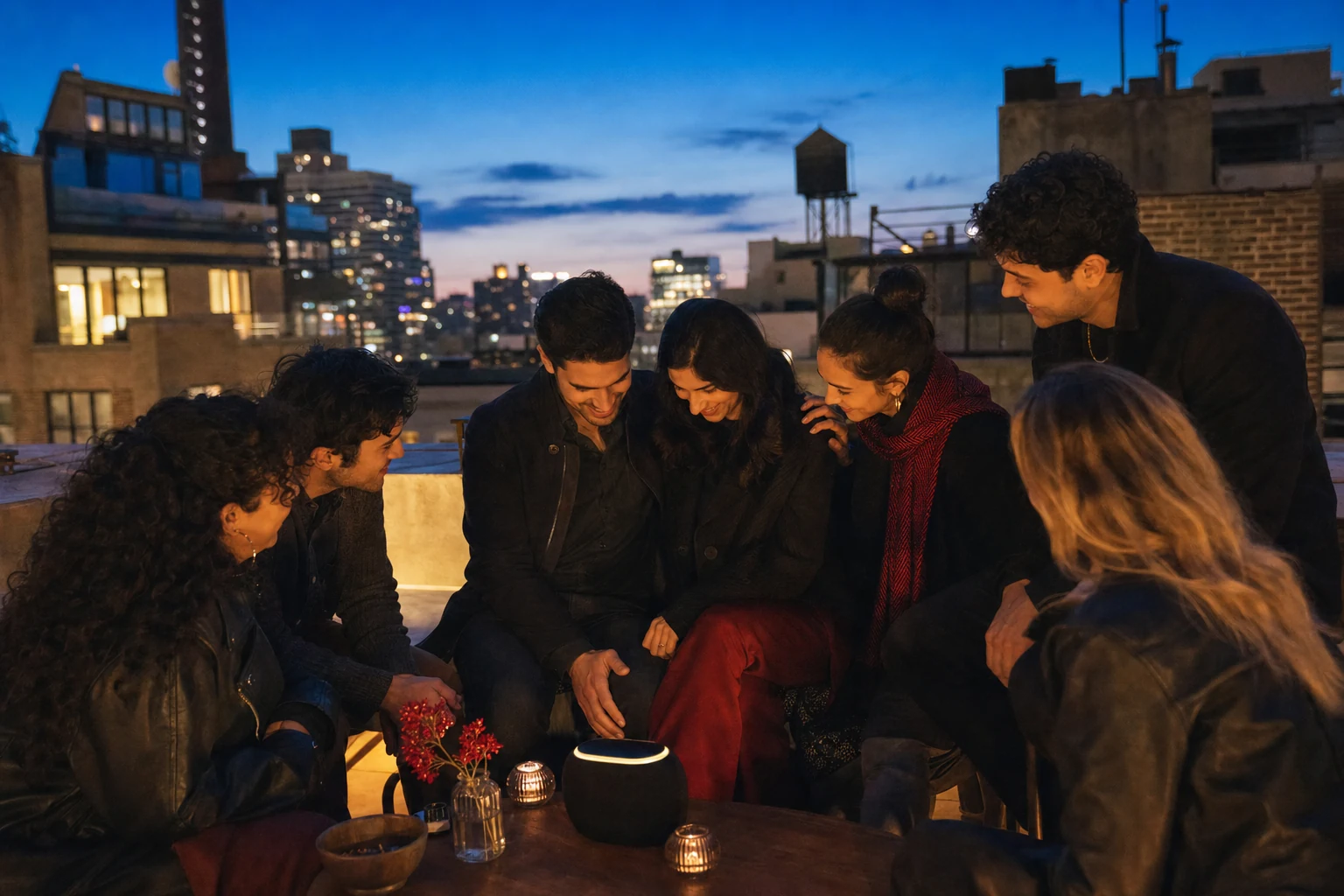 Couple sharing their engagement song with friends on a city rooftop