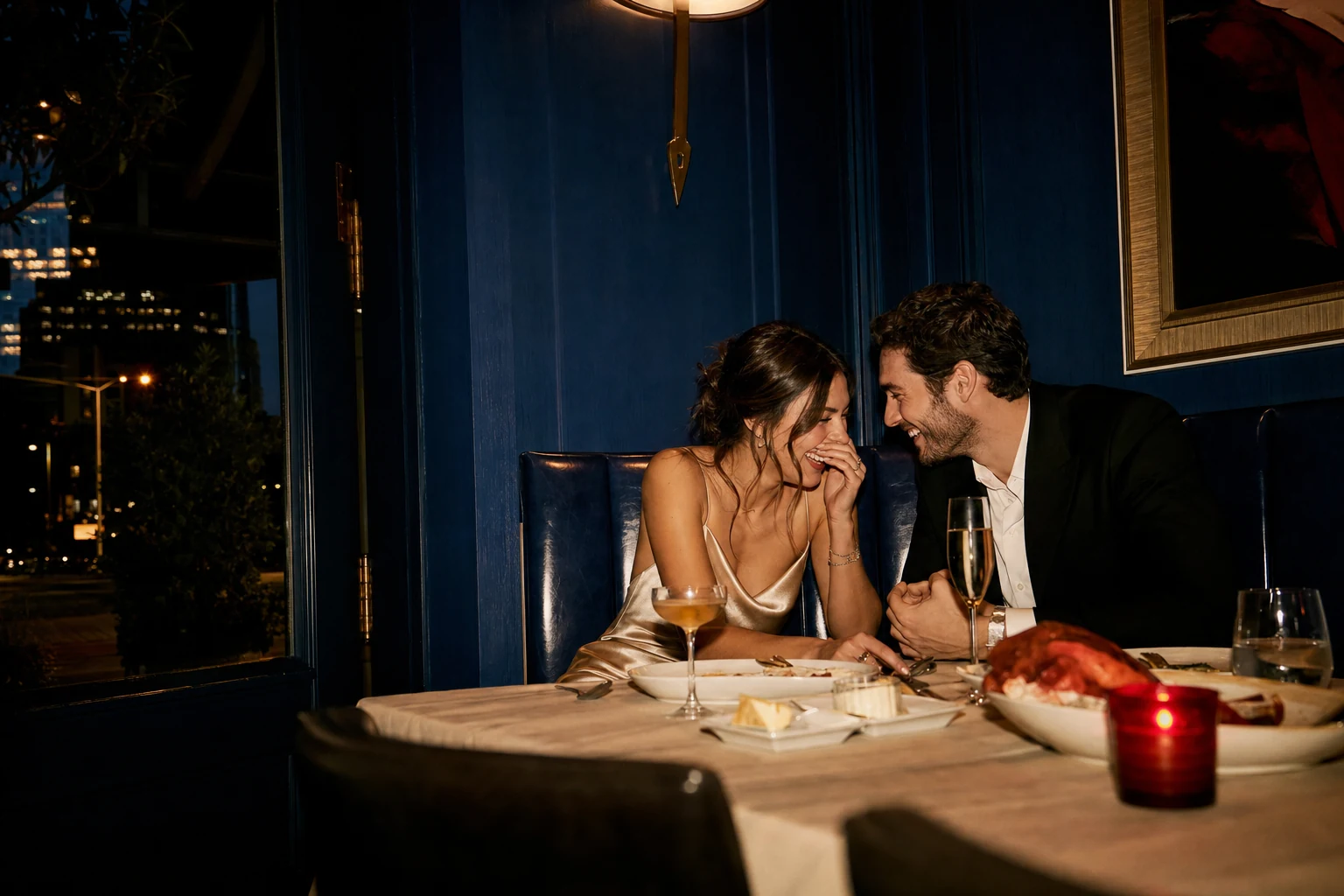 Flash-lit engagement dinner in jewel blue, champagne, and cherry red