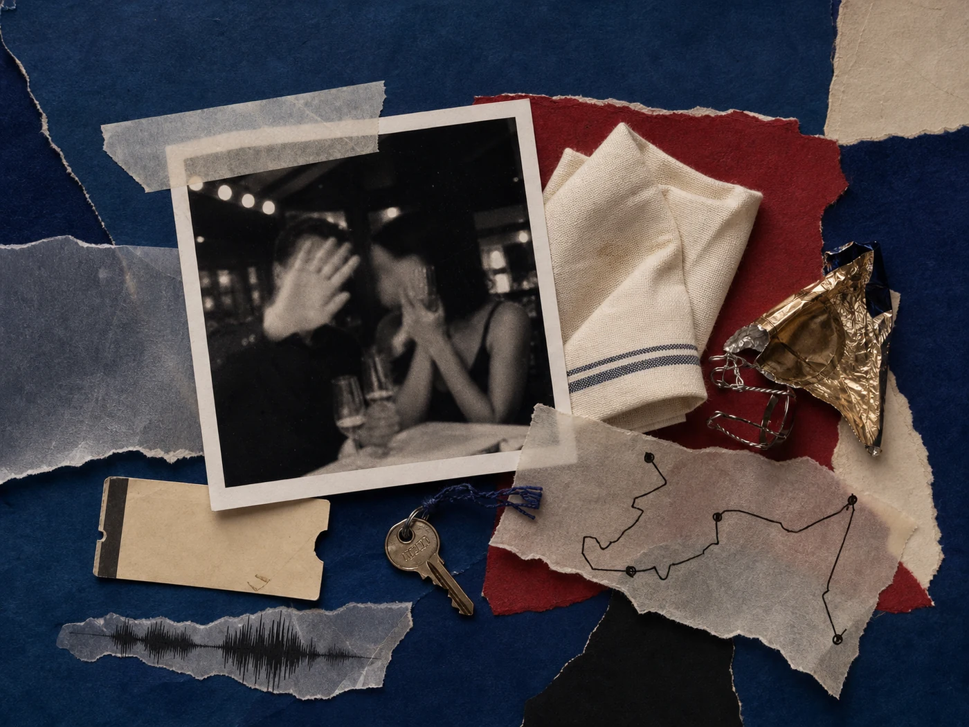 Editorial collage of a phone photograph, folded napkin, transit ticket, and proposal keepsakes