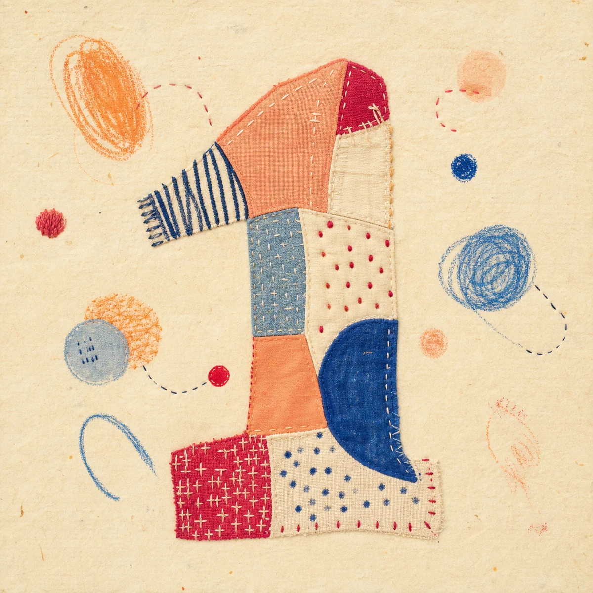 Abstract number-one shape made from crayon marks and patchwork without text