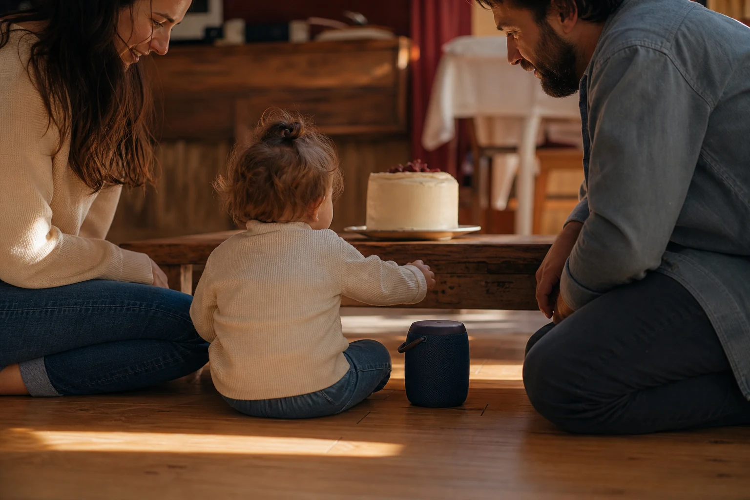 Low-angle documentary moment before a first birthday cake