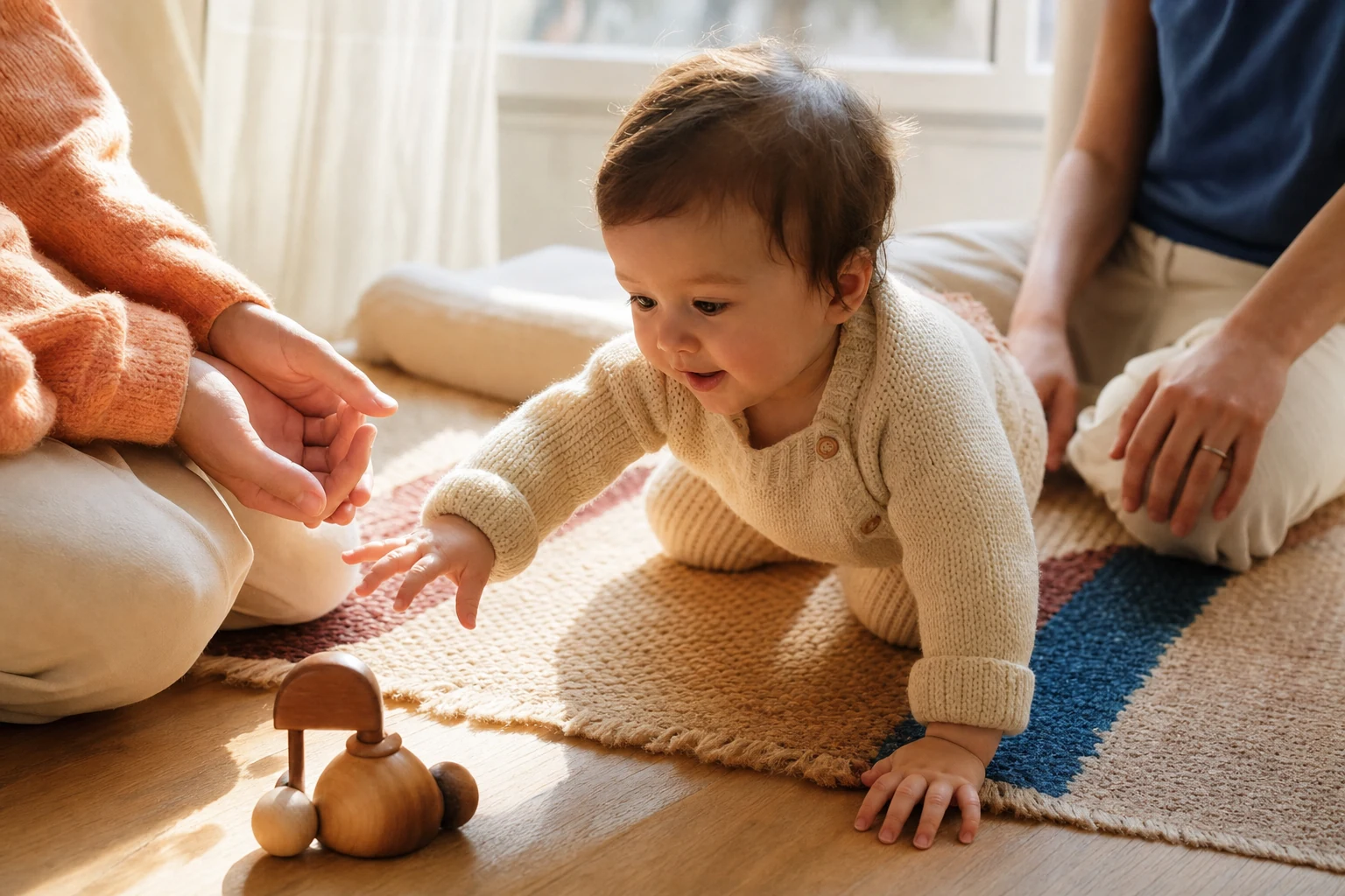 Natural-light first birthday family scene in apricot, lake blue, and berry red