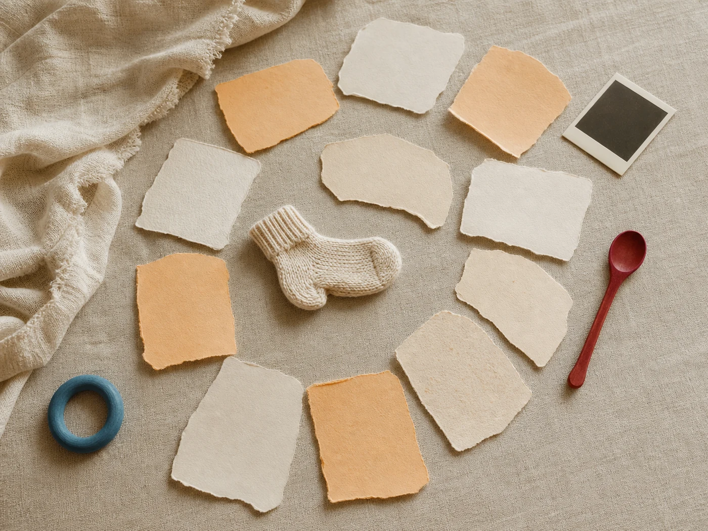 Archive of knitted clothes, month cards, small toys, and first-year family objects