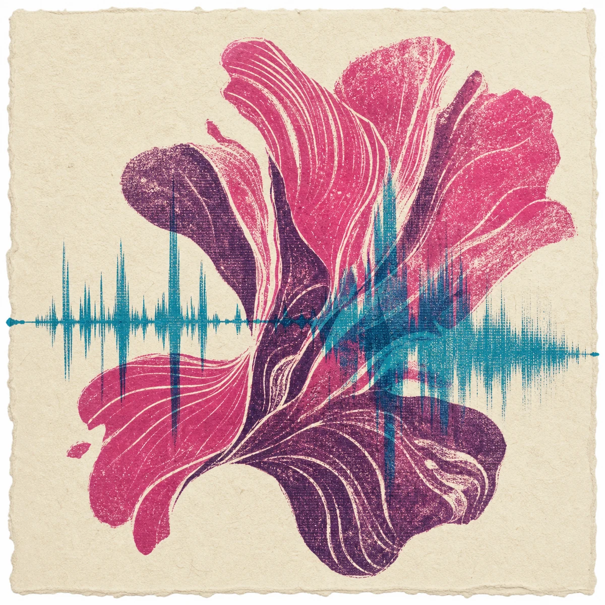 Soft relief print of an irregular flower crossed by an abstract sound wave