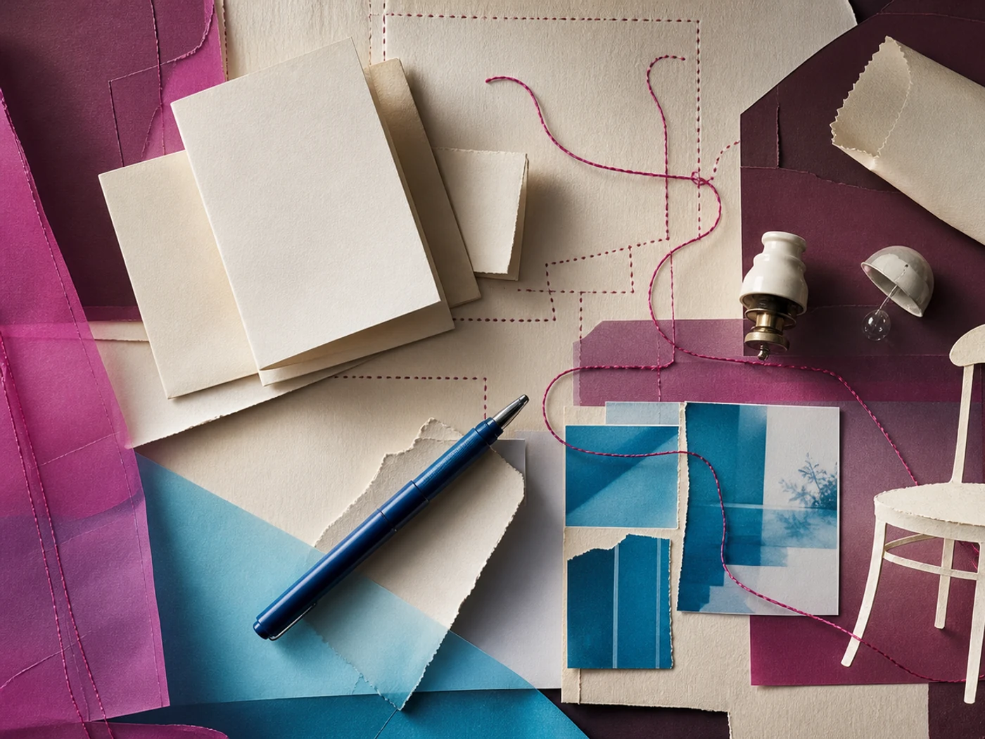 Collage of blank handwritten notes, route fragments, and everyday objects from a relationship