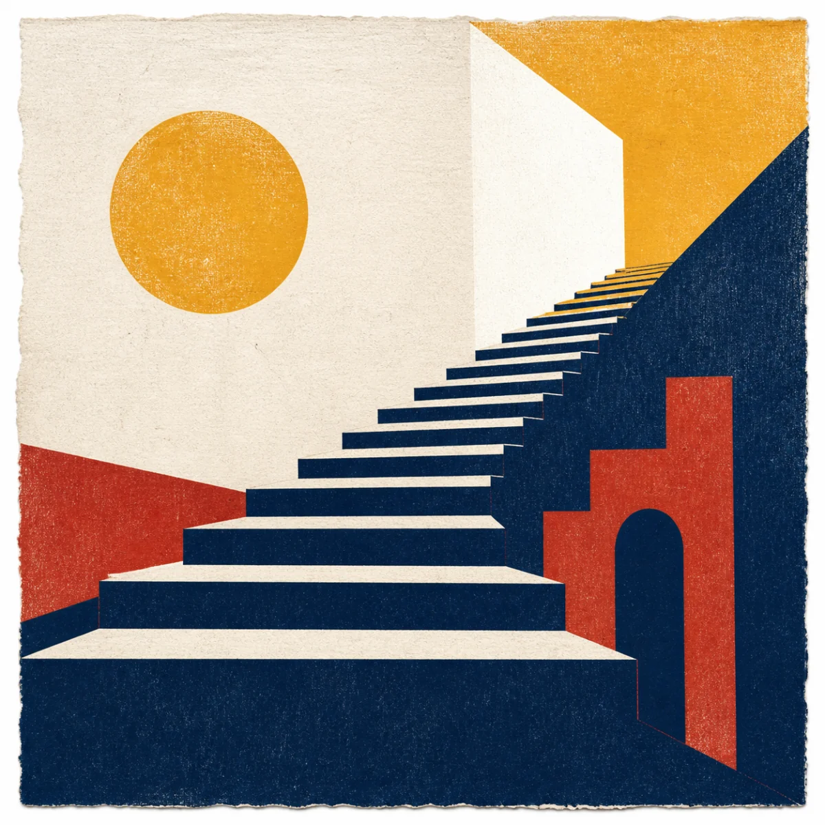 Screenprinted staircase rising through blocks of blue, gold, and red
