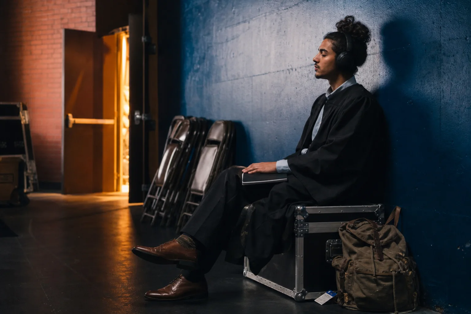 Graduate listening backstage in a quiet auditorium corridor