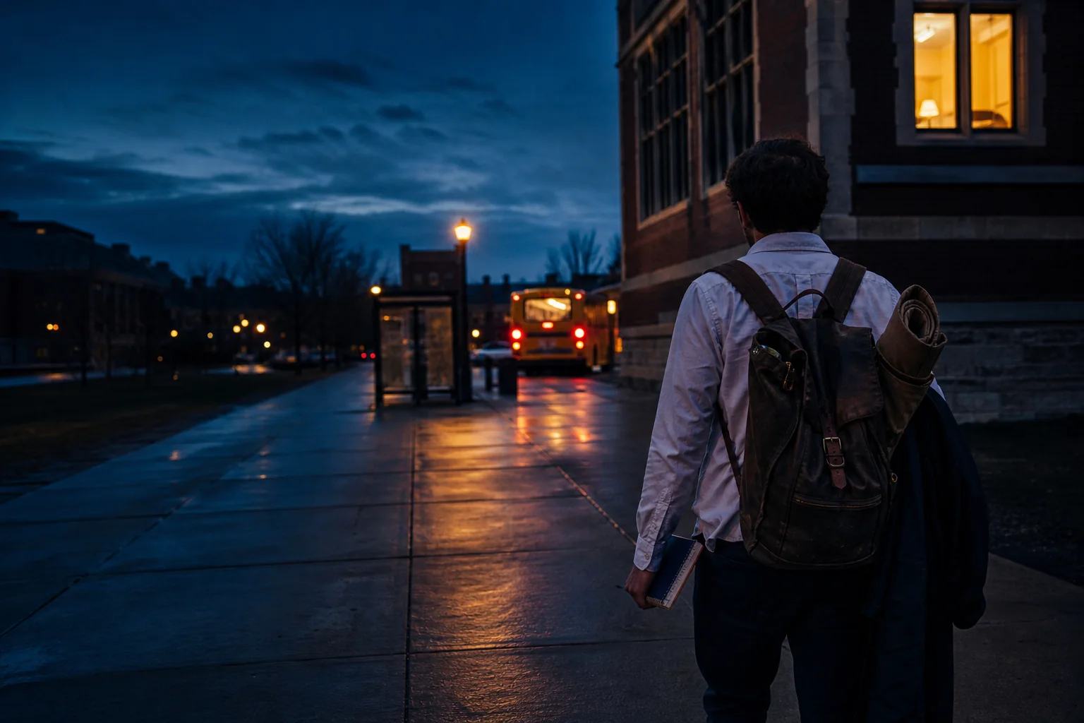Cinematic campus at dusk in deep blue, marigold, and brick red