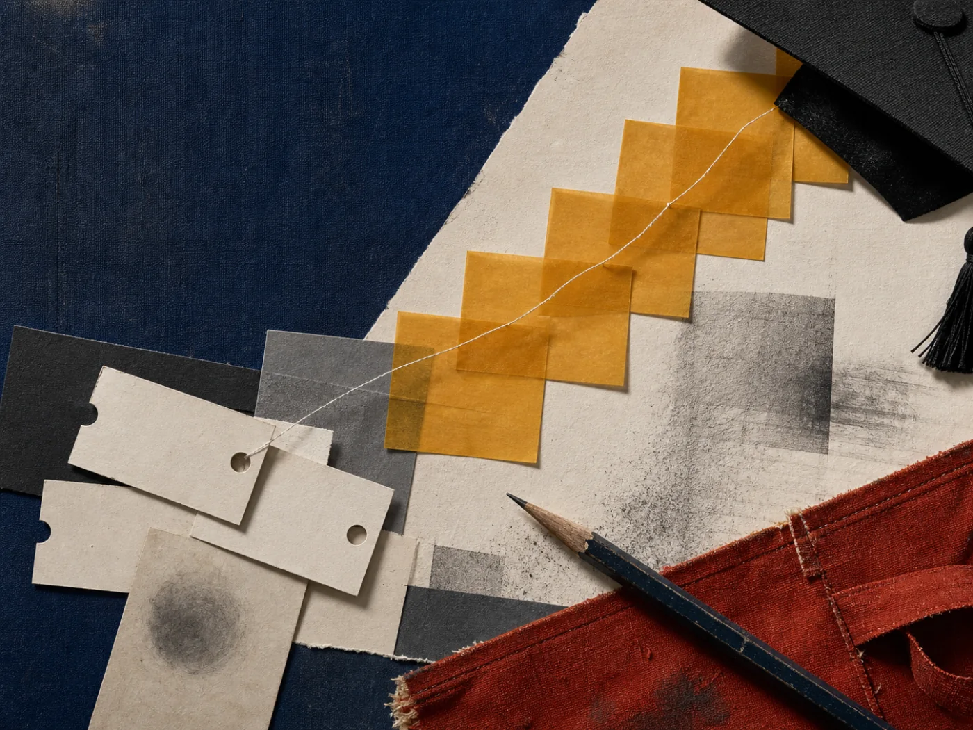 Constructivist collage of annotated notes, transit tickets, and a graduation cap