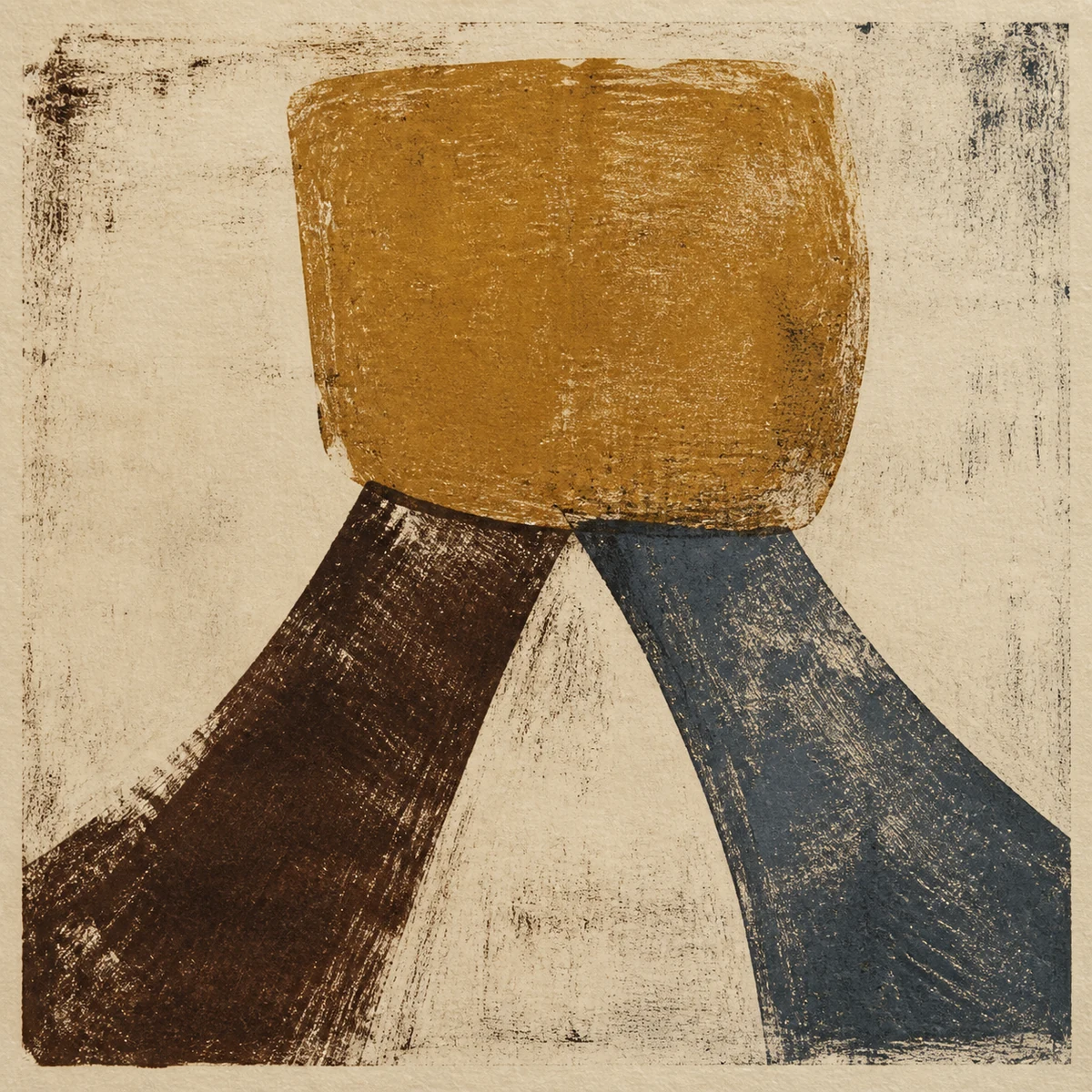 Dry-brush monotype of two uneven lines carrying one shared weight