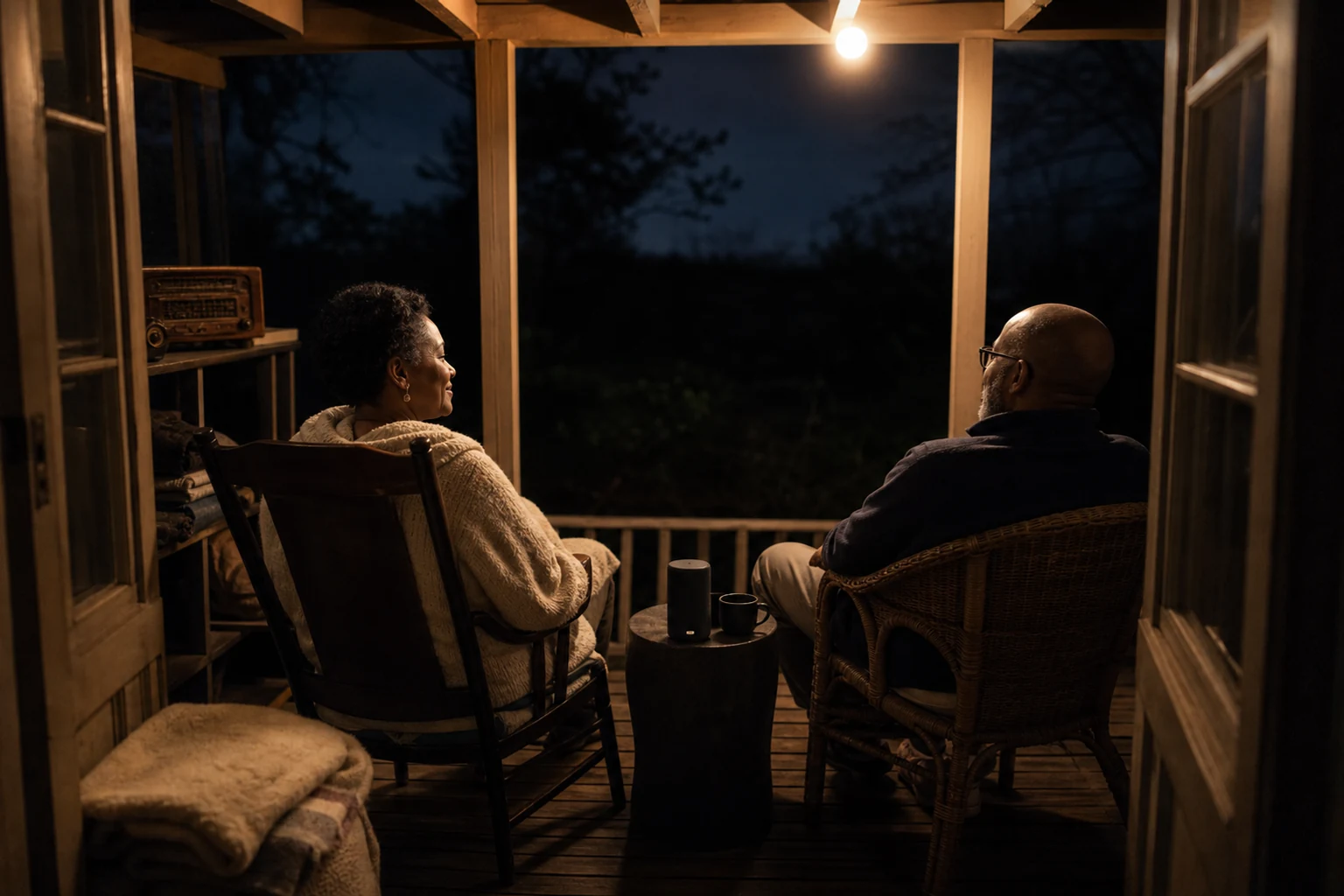 Married couple sharing a private song on a porch at night in honey-colored light