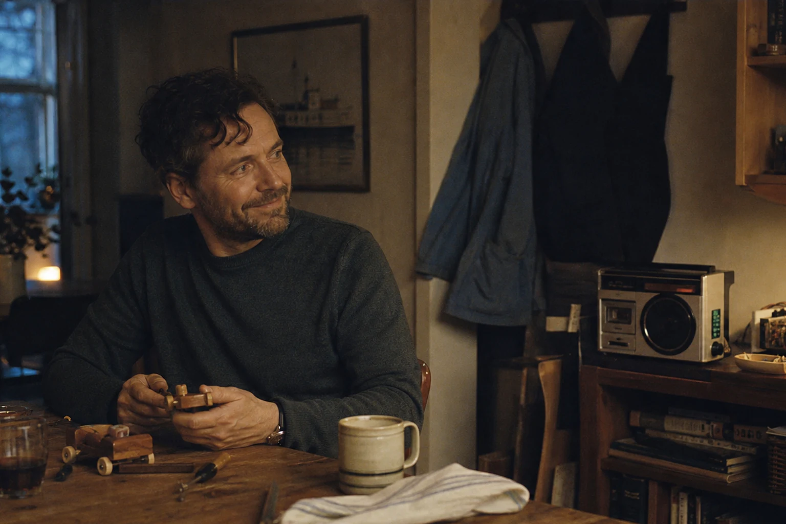 Grainy family documentary scene of a husband inside an ordinary shared evening in deep brown and steel blue