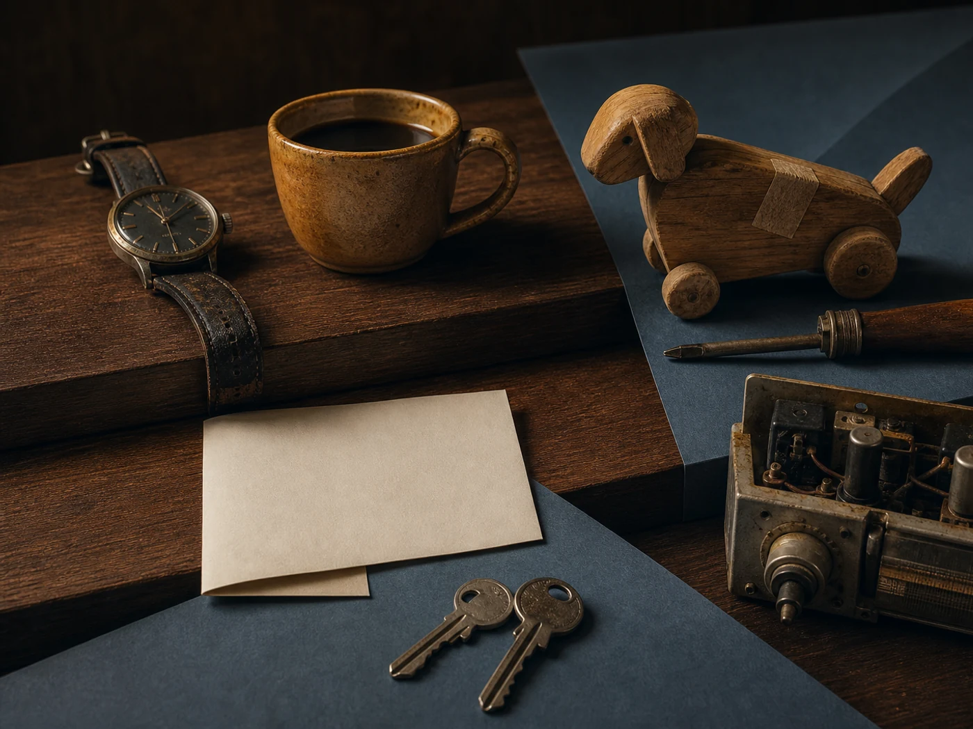 Still life of a watch, coffee cup, toy, tool, and domestic objects that reveal quiet support