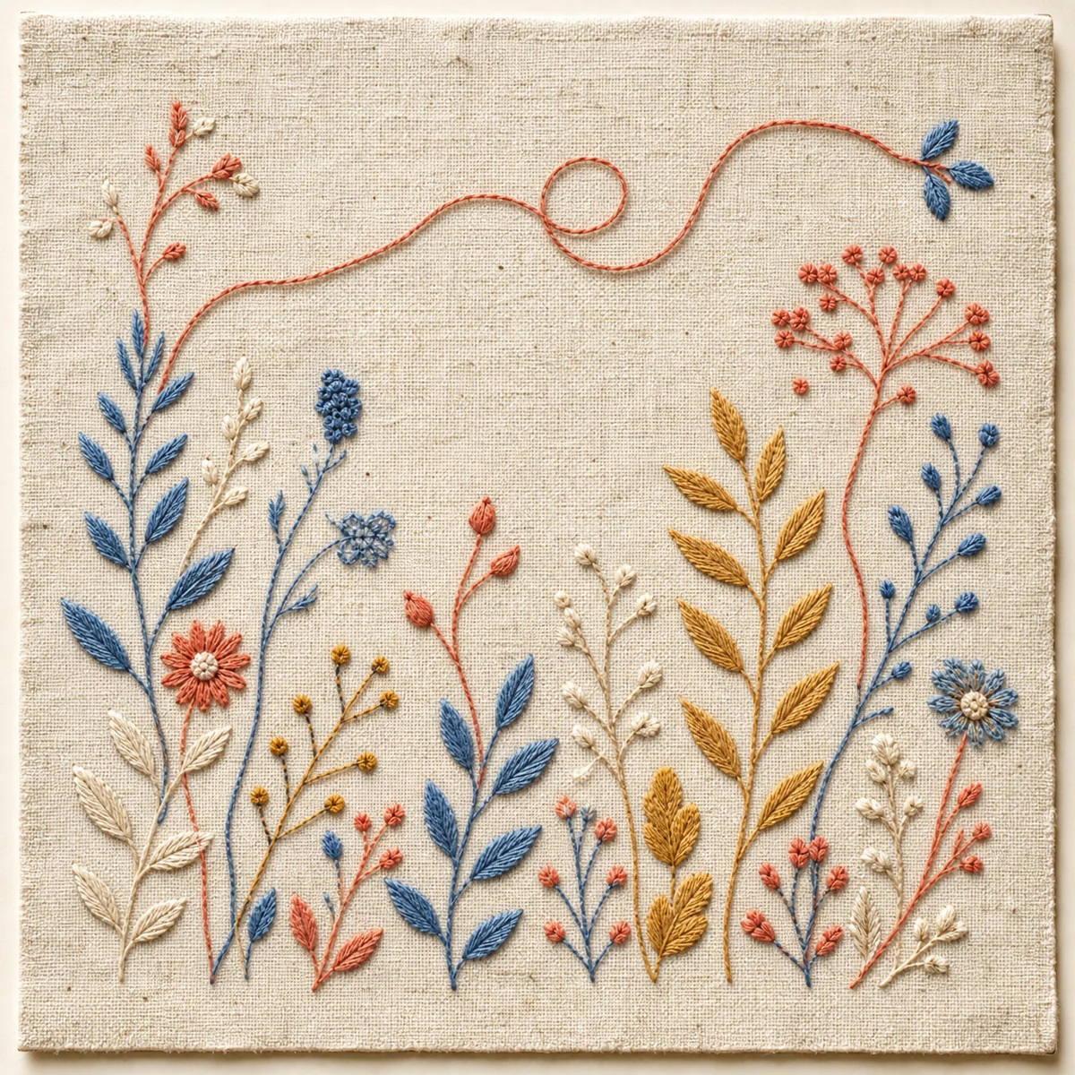 Embroidered botanical song cover on raw linen