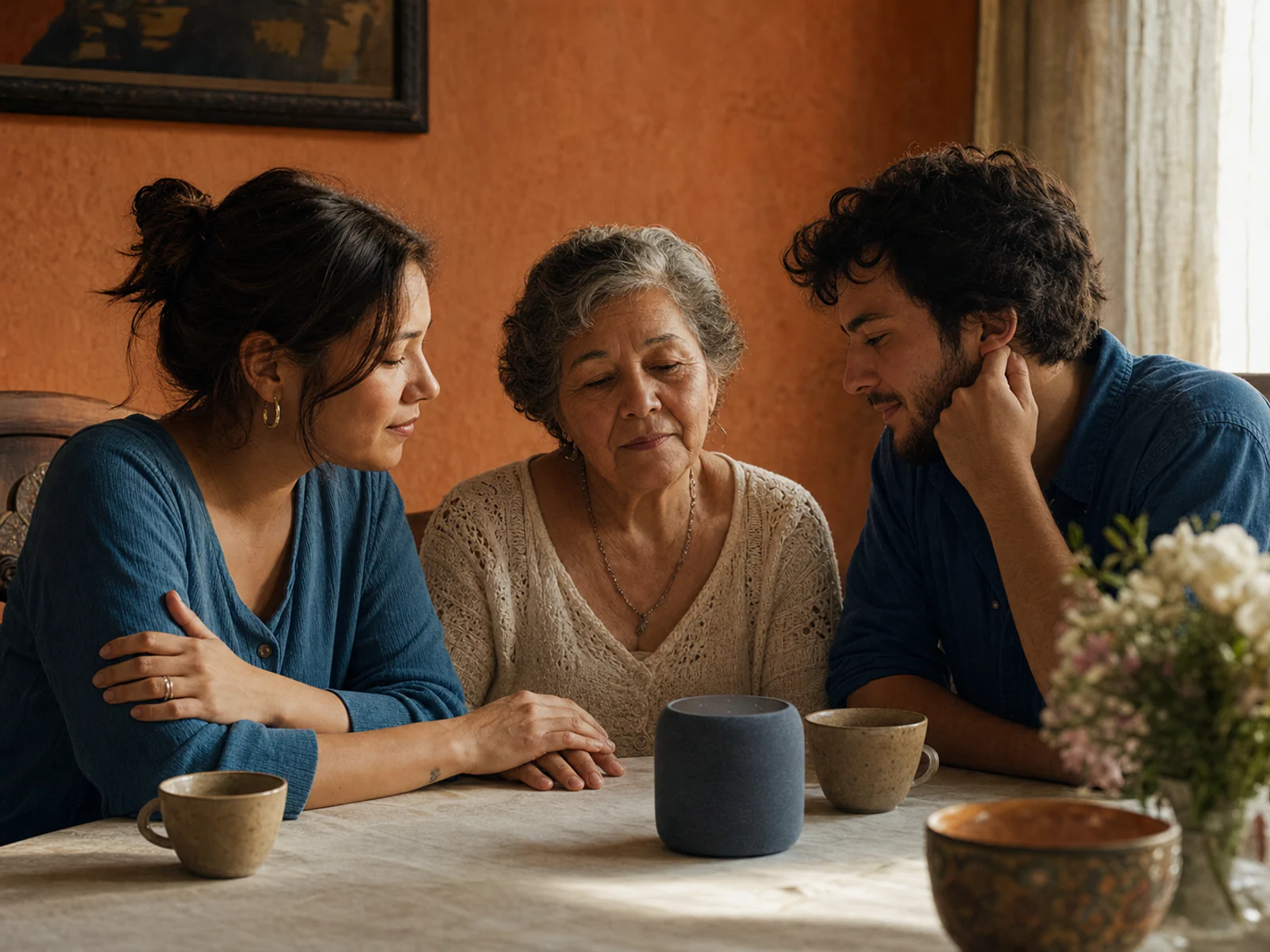 Quiet listening moment at a family table in warm morning sunlight