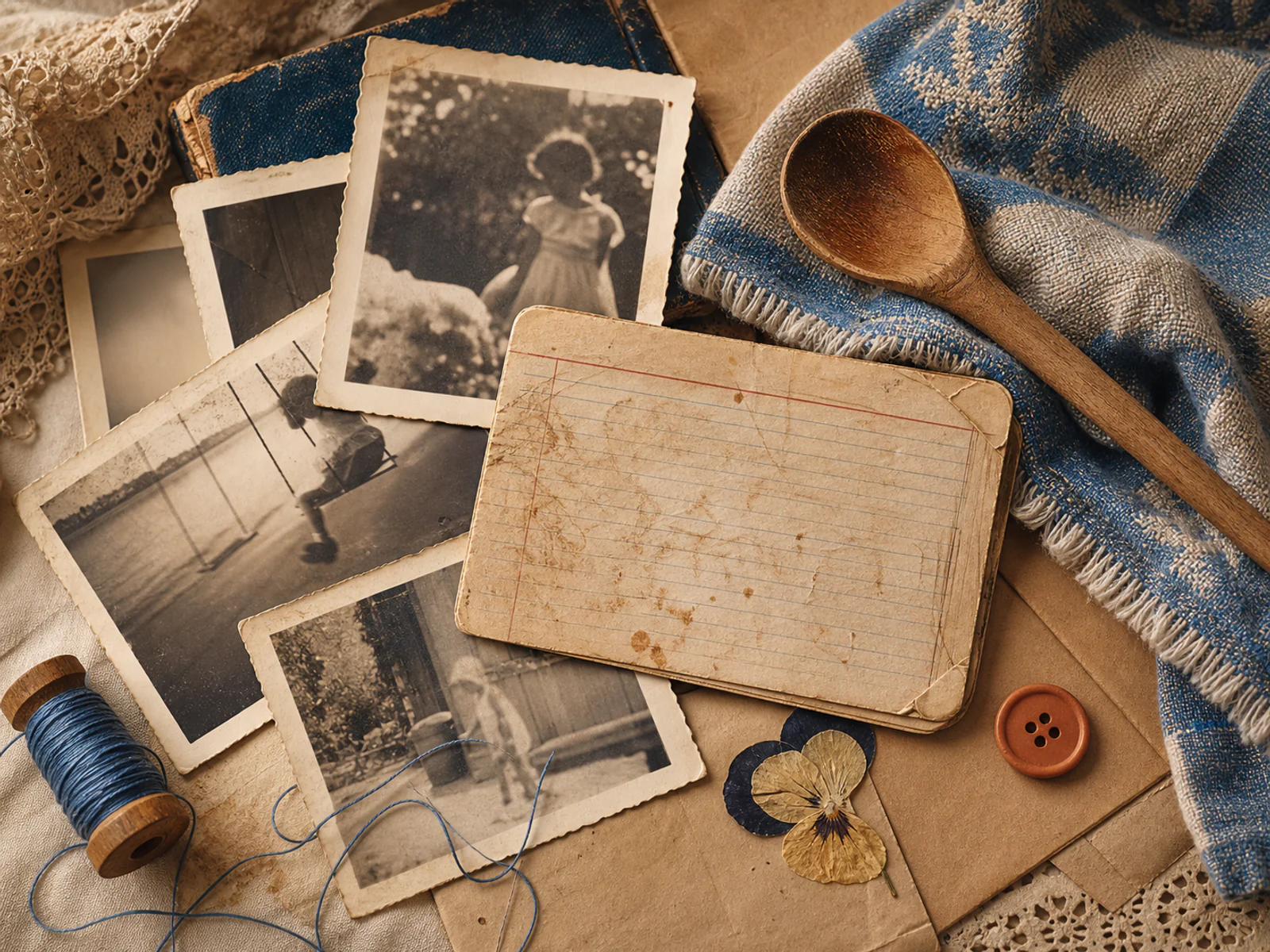 Family memory archive of photographs, fabric, recipe paper, and keepsakes