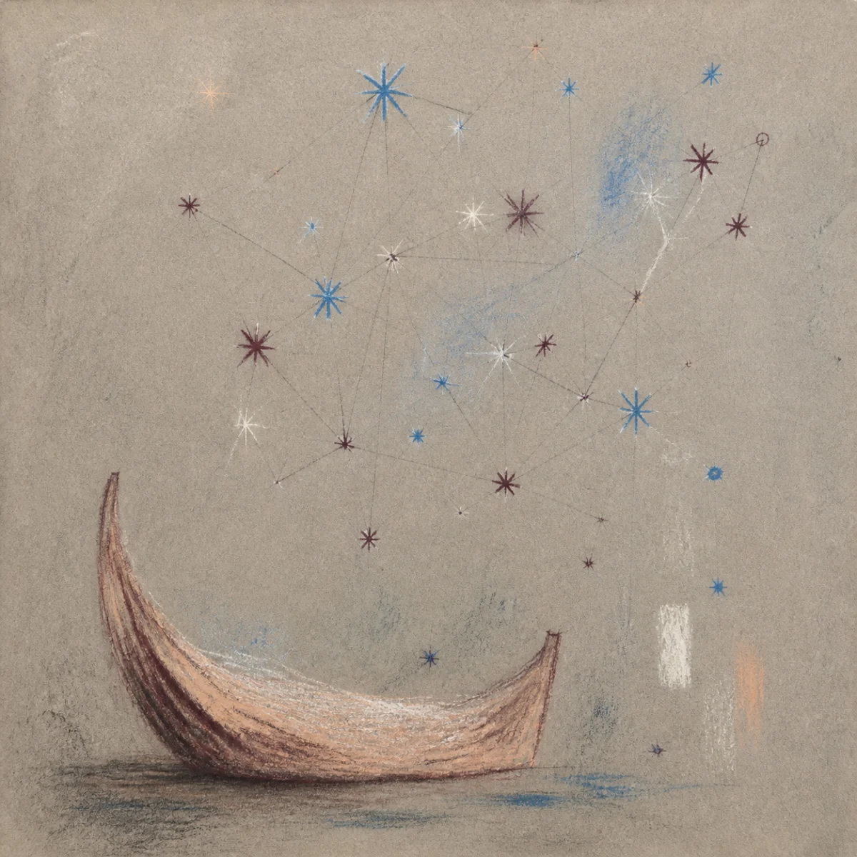 Pastel drawing of a cradle beneath a loose constellation of stars