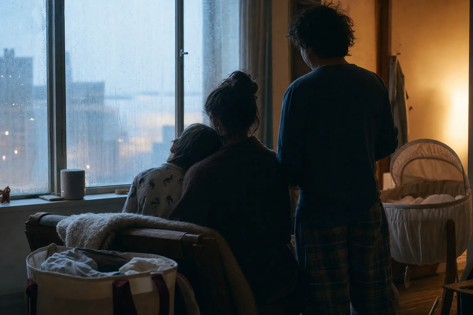 Family silhouettes listening beside a window in the first light of morning