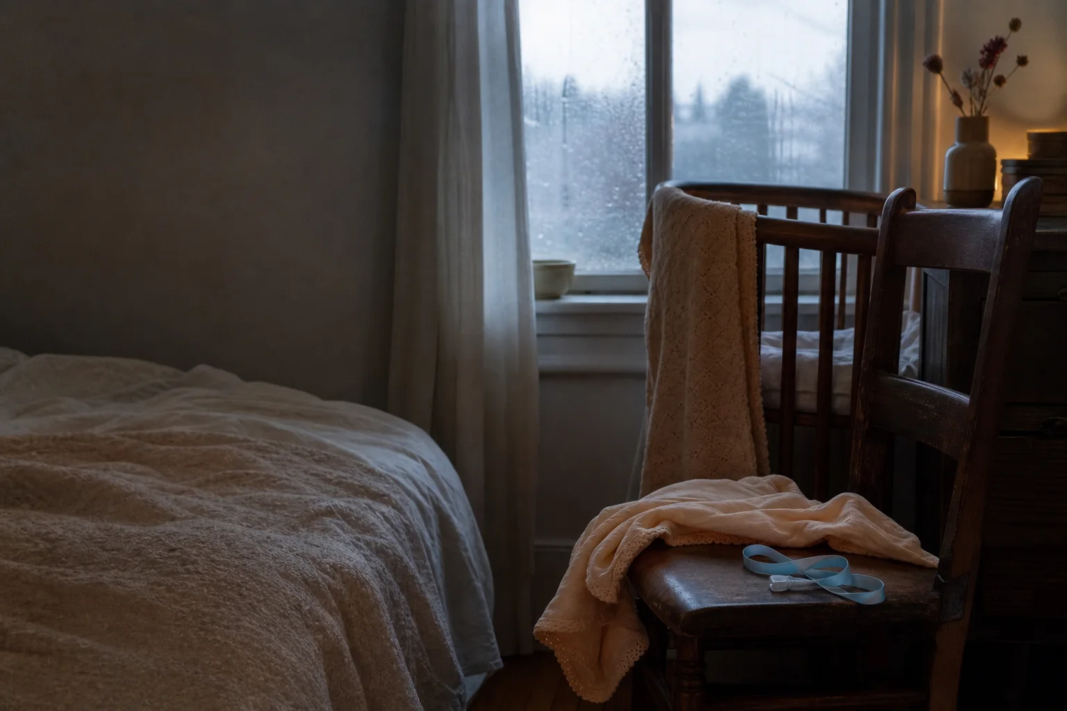 Soft medium-format photograph of a newborn space in apricot, sky blue, and chestnut tones