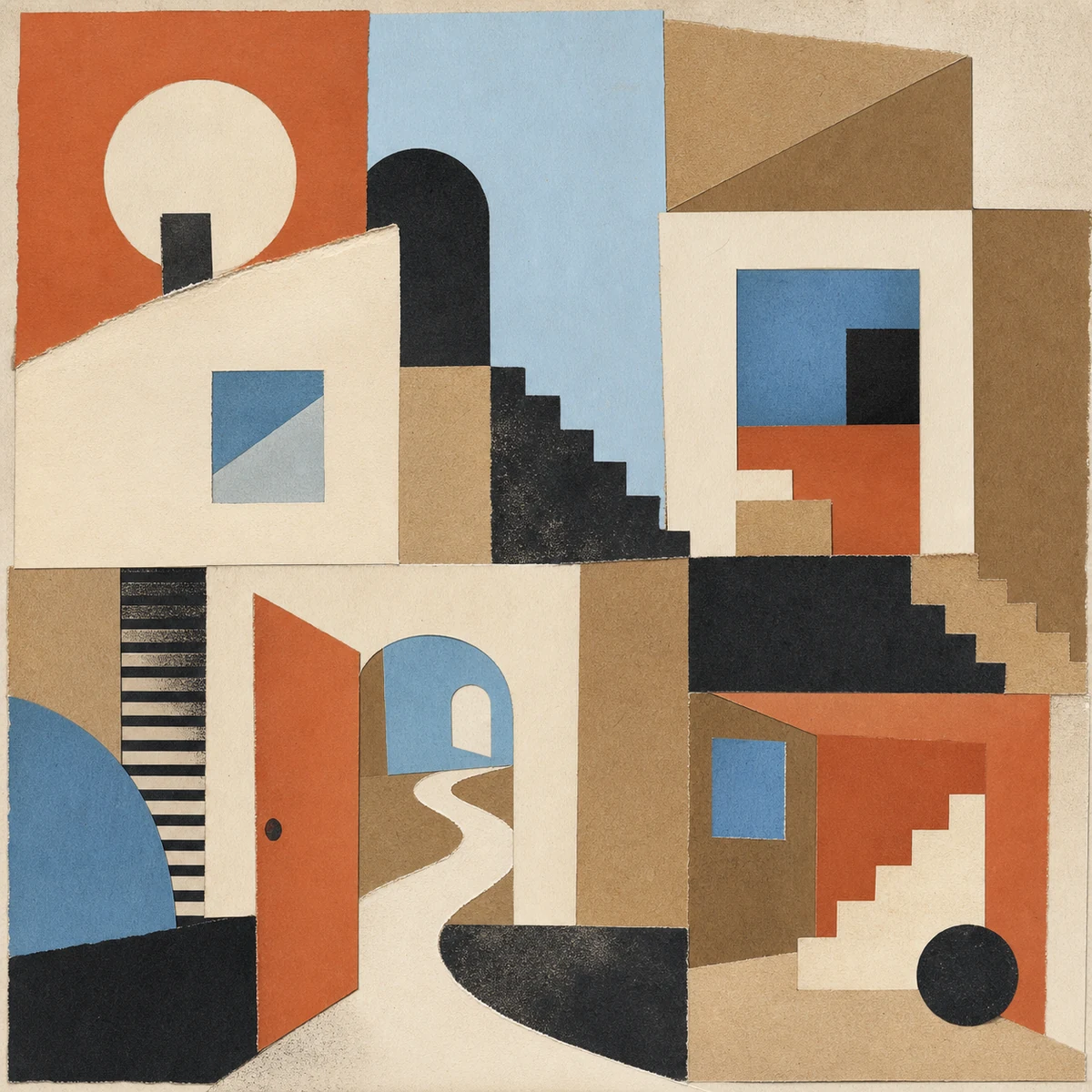 Bauhaus paper collage of house-like forms, windows, doors, and intersecting paths
