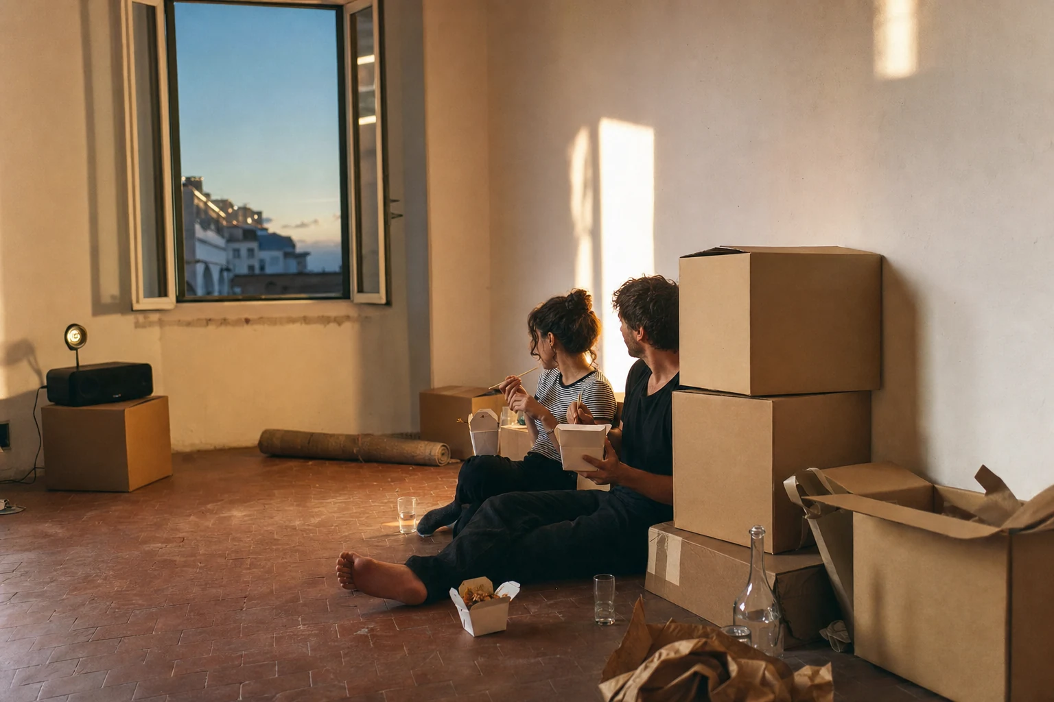 First playback of a personalized song while two people sit on the floor of an almost empty room