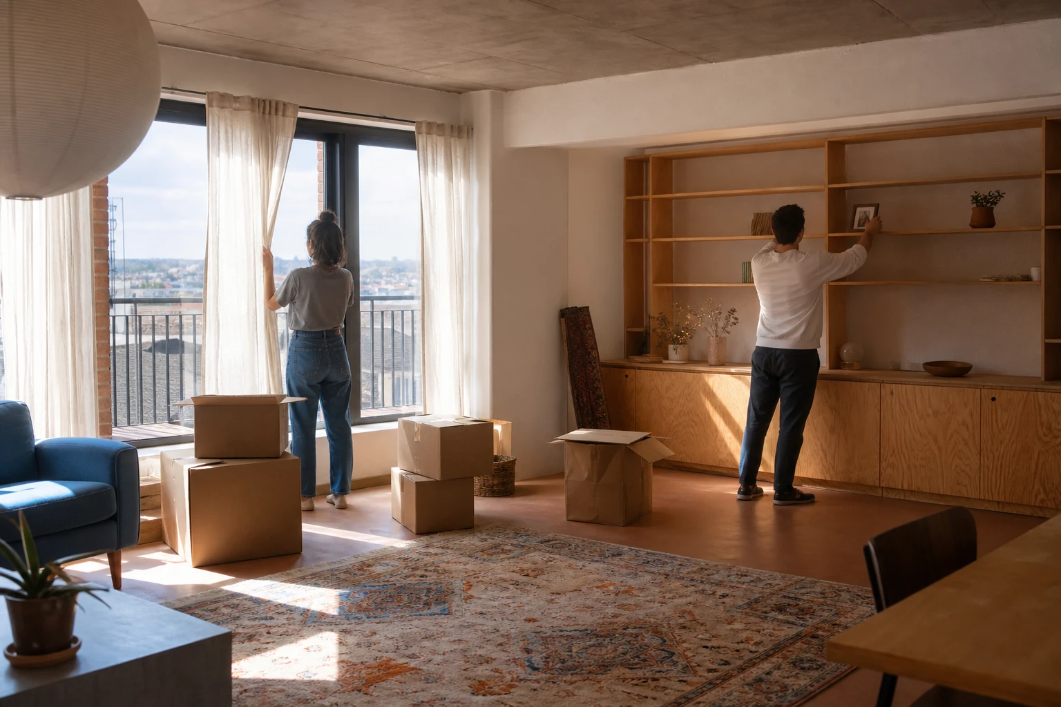 Architectural documentary scene of people settling into a sunlit new home in terracotta, sky blue, and cream