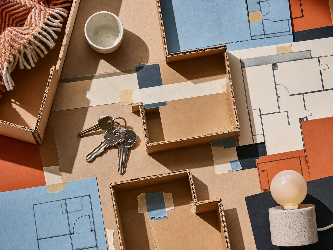 Graphic still life of keys, cardboard, tape, floor plan fragments, and objects from a first night